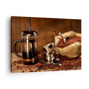 Tablou pe pânză Canvas - Presă franceză, cești și o pungă de cafea pe un fundal de lemn - 70x50cm - Magia cafelei - aromă și gust - Decorațiune modernă pentru perete pentru living și dormitor ARTTOR
