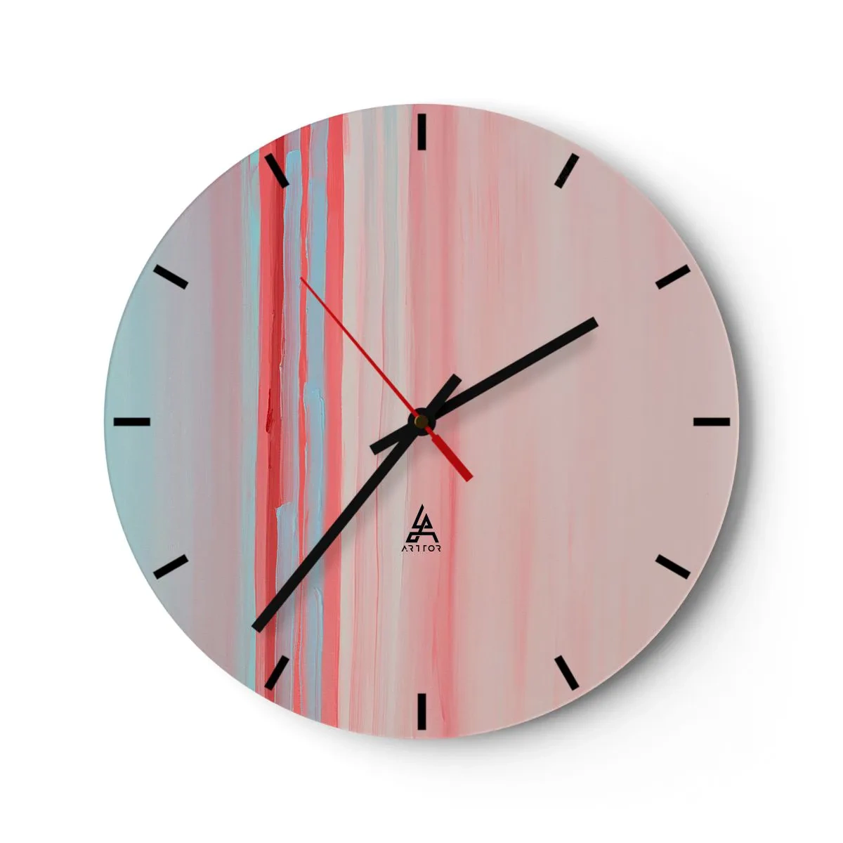 Ceas de perete - Ceas pe sticlă - Dungi verticale pastelate în nuanțe de roz și albastru - 30x30cm - Abstracție în zori - Decorațiune modernă pentru perete pentru living, bucătărie și dormitor ARTTOR
