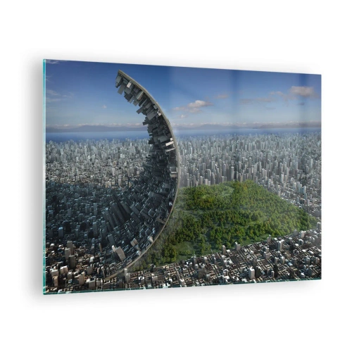 Tablou pe sticlă - Un oraș cu un efect spectaculos de refracție spațială - 70x50cm - Natura este eternă - Decorațiune modernă pentru perete pentru living și dormitor ARTTOR
