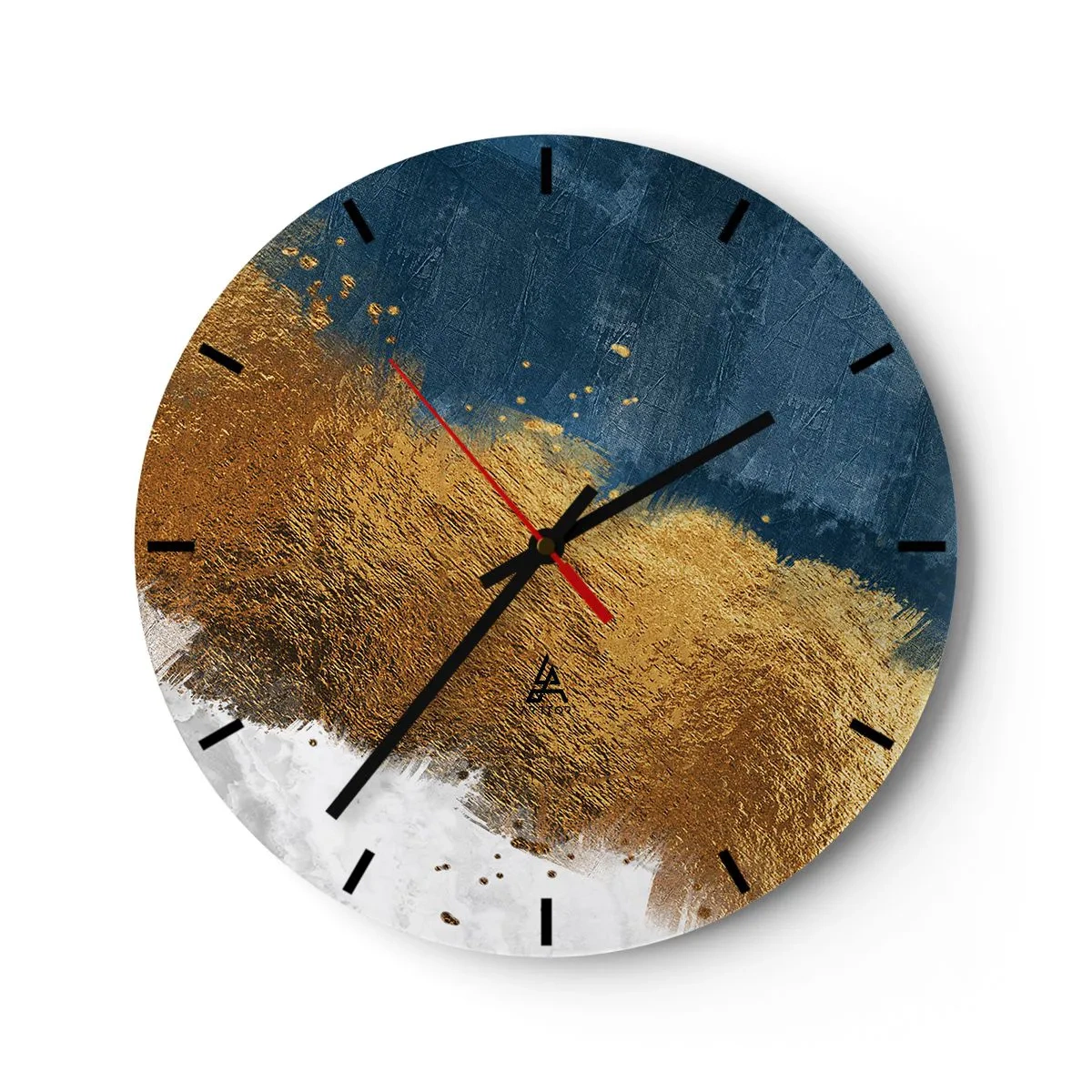 Ceas de perete - Ceas pe sticlă - Tușe abstracte de pensulă aurii și albastru marin pe fundal alb - 30x30cm - Culorile verii - Decorațiune modernă pentru perete pentru living, bucătărie și dormitor ARTTOR