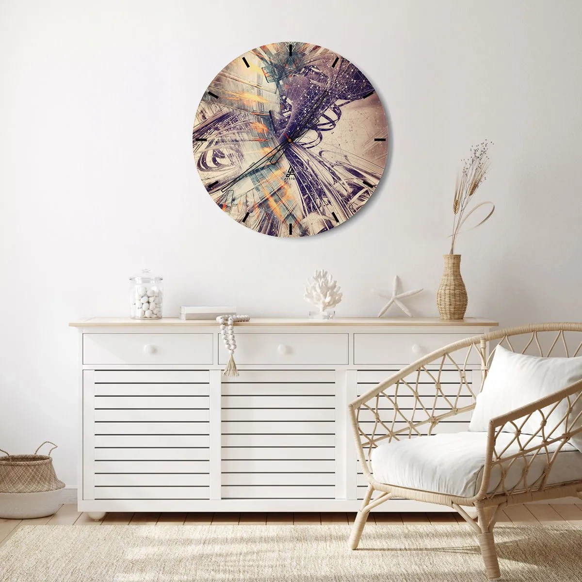 Ceas de perete - Ceas pe sticlă - Compoziție geometrică abstractă în nuanțe de bej și violet - 30x30cm - În marea grabă - Decorațiune modernă pentru perete pentru living, bucătărie și dormitor ARTTOR