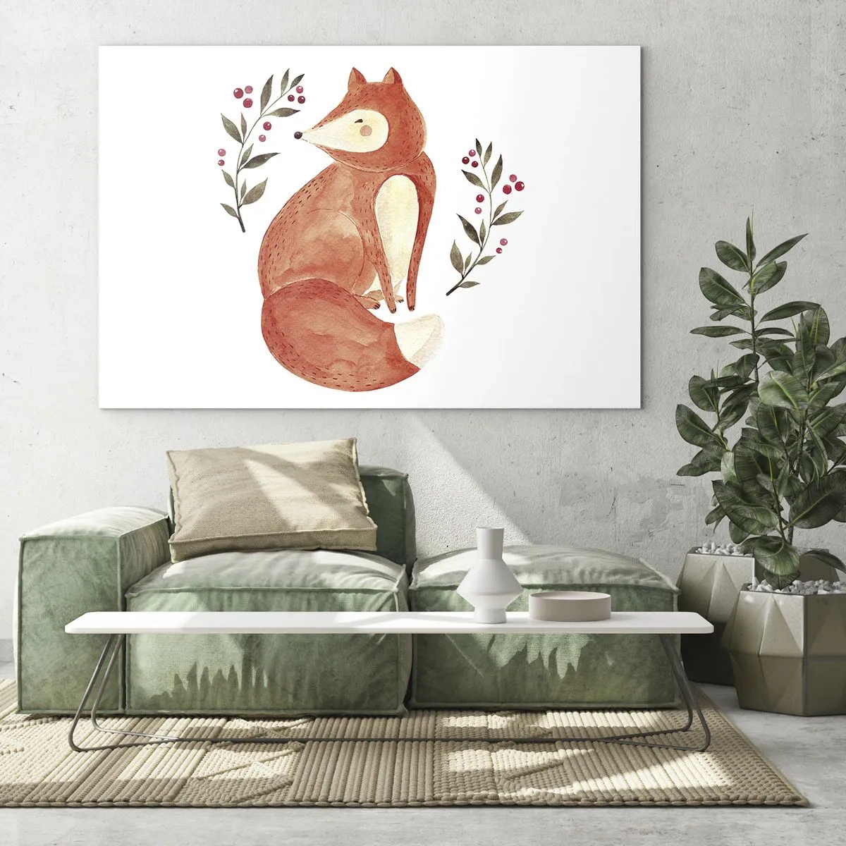 Tablou pe sticlă - Vulpe adorabilă în acuarelă cu crenguțe și fructe de pădure - 70x50cm - Micuțul roșcat - Decorațiune modernă pentru perete pentru living și dormitor ARTTOR
