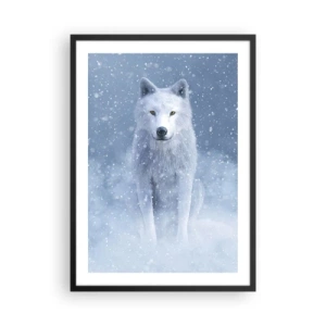 Poster în ramă neagră - Un lup alb într-un peisaj de iarnă, înconjurat de zăpadă. - 50x70cm - În stil de iarnă - Decorațiune modernă pentru perete pentru living și dormitor ARTTOR