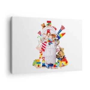 Tablou pe pânză Canvas - Un coș colorat plin de jucării pentru copii - 70x50cm - Comorile micuțului - Decorațiune modernă pentru perete pentru living și dormitor ARTTOR