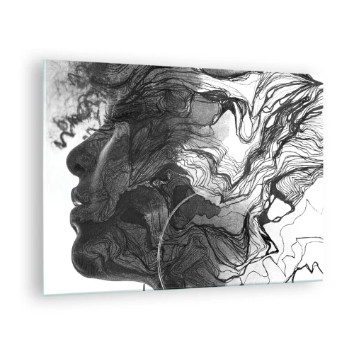 Tablou pe sticlă - Siluetă alb-negru a unei femei cu linii abstracte - 70x50cm - Încurcată în vise - Decorațiune modernă pentru perete pentru living și dormitor ARTTOR