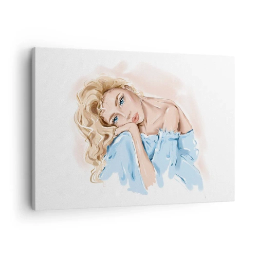 Tablou pe pânză Canvas - Portretul unei femei într-o rochie albastră cu părul blond - 70x50cm - Scufundată în vis albastru - Decorațiune modernă pentru perete pentru living și dormitor ARTTOR
