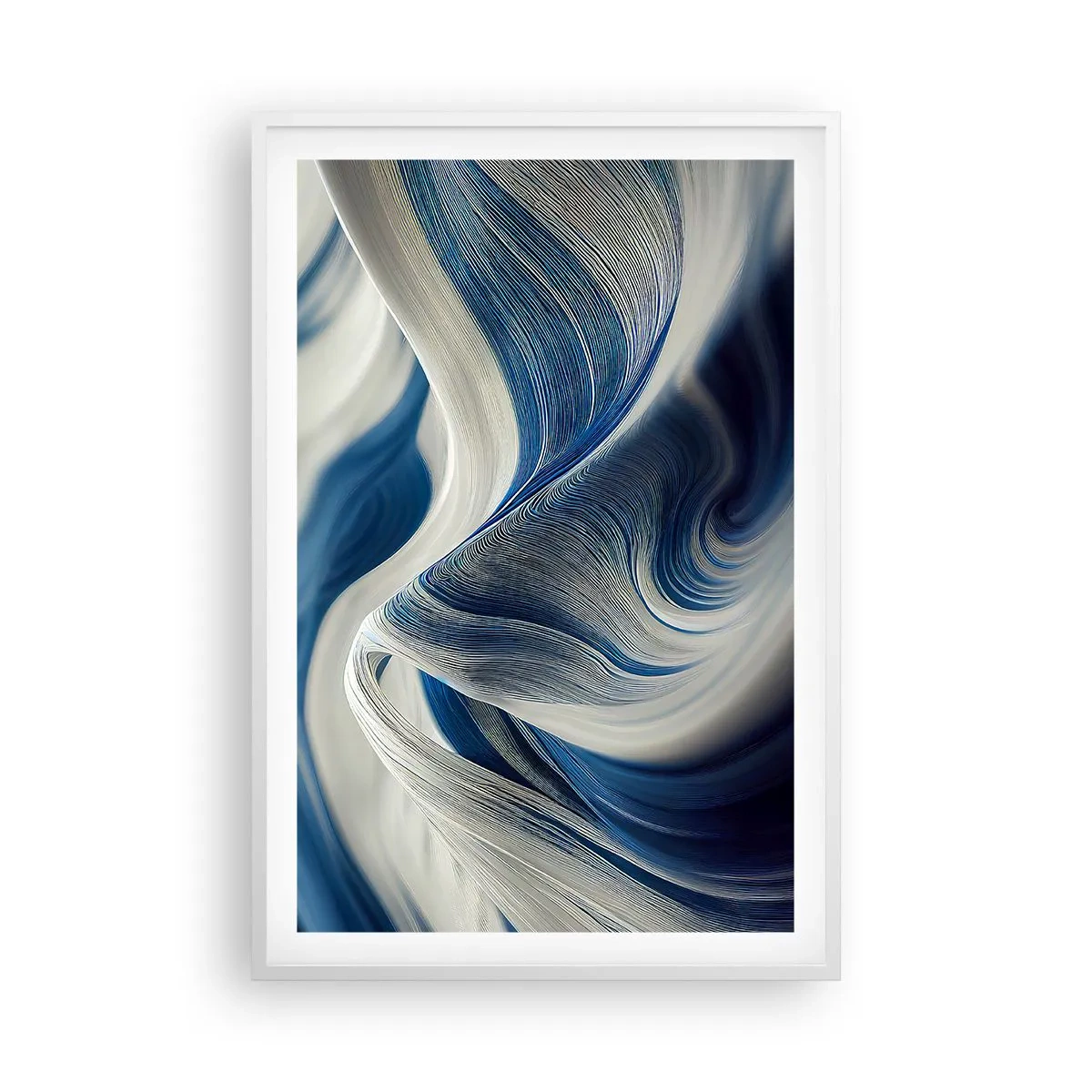 Poster în ramă albă - Fluiditate de albastru și alb - 61x91 cm