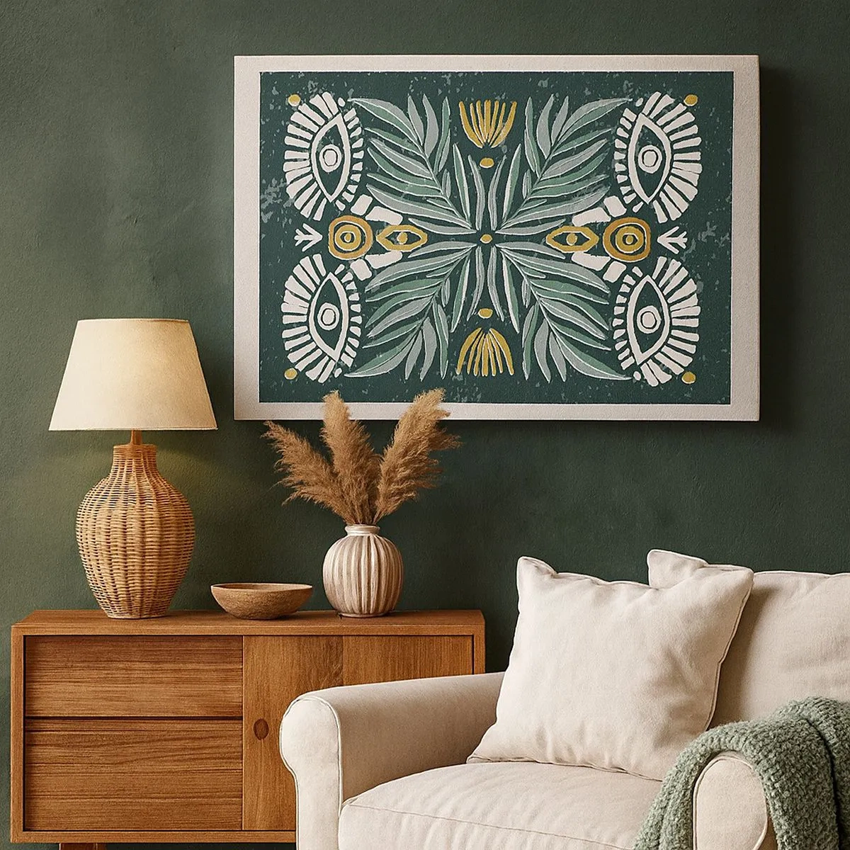Tablou pe pânză Canvas - Model simetric de plante pe un fundal verde - 70x50cm - Ca un decupaj folcloric - Decorațiune modernă pentru perete pentru living și dormitor ARTTOR