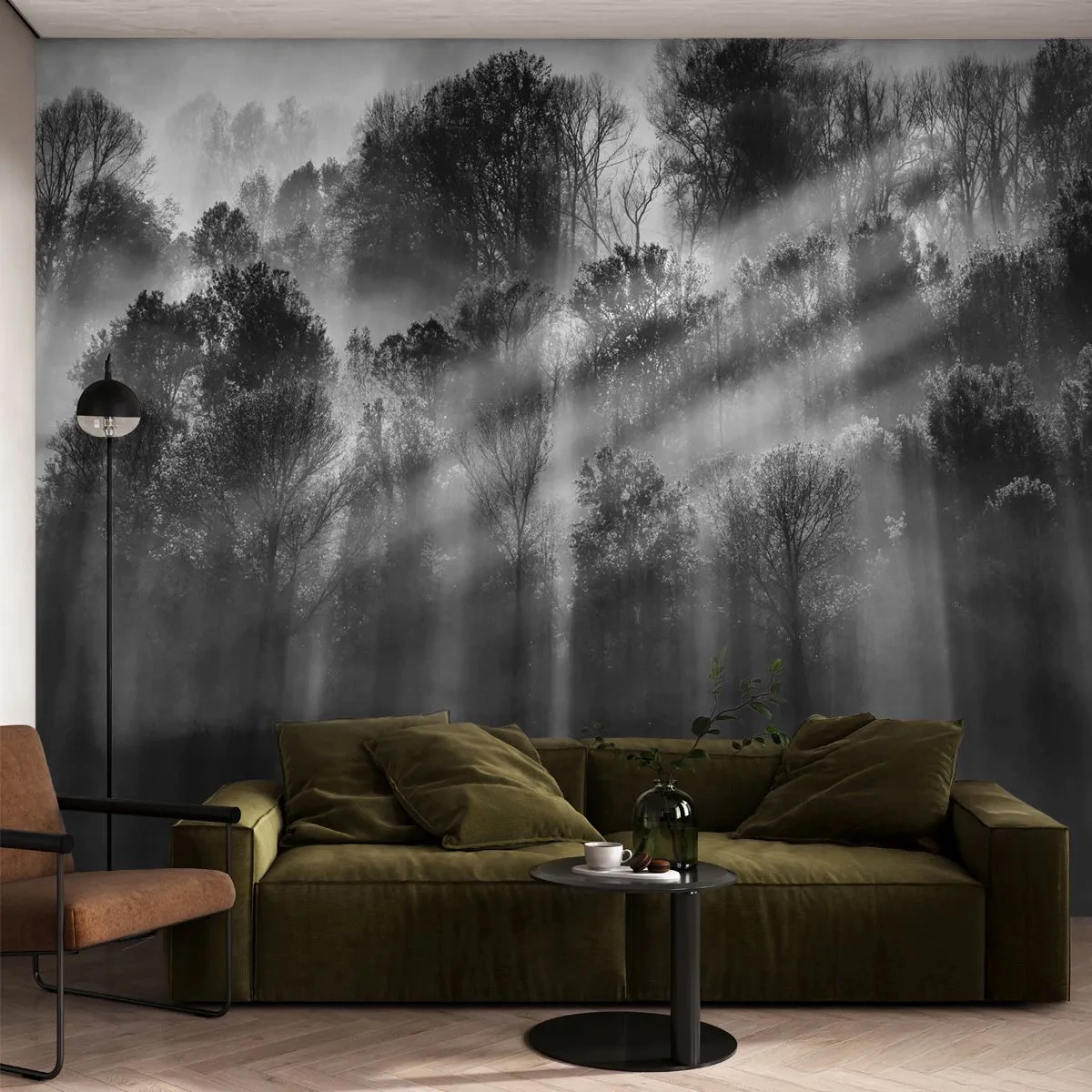 Tapet Premium Sand - În fluxuri de lumină - Peisaj, pădure, alb-negru - 350x256 cm
