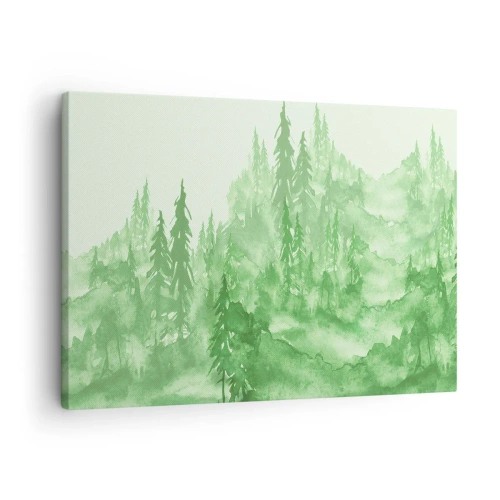 Tablou pe pânză Canvas - Pădure verde în stil acuarelă pe un fundal deschis - 70x50cm - Neclar prin ceața verde - Decorațiune modernă pentru perete pentru living și dormitor ARTTOR