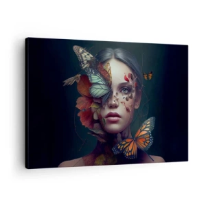 Tablou pe pânză Canvas - Portret de femeie cu fluturi și elemente vegetale - 70x50cm - Transformare minunată - Decorațiune modernă pentru perete pentru living și dormitor ARTTOR