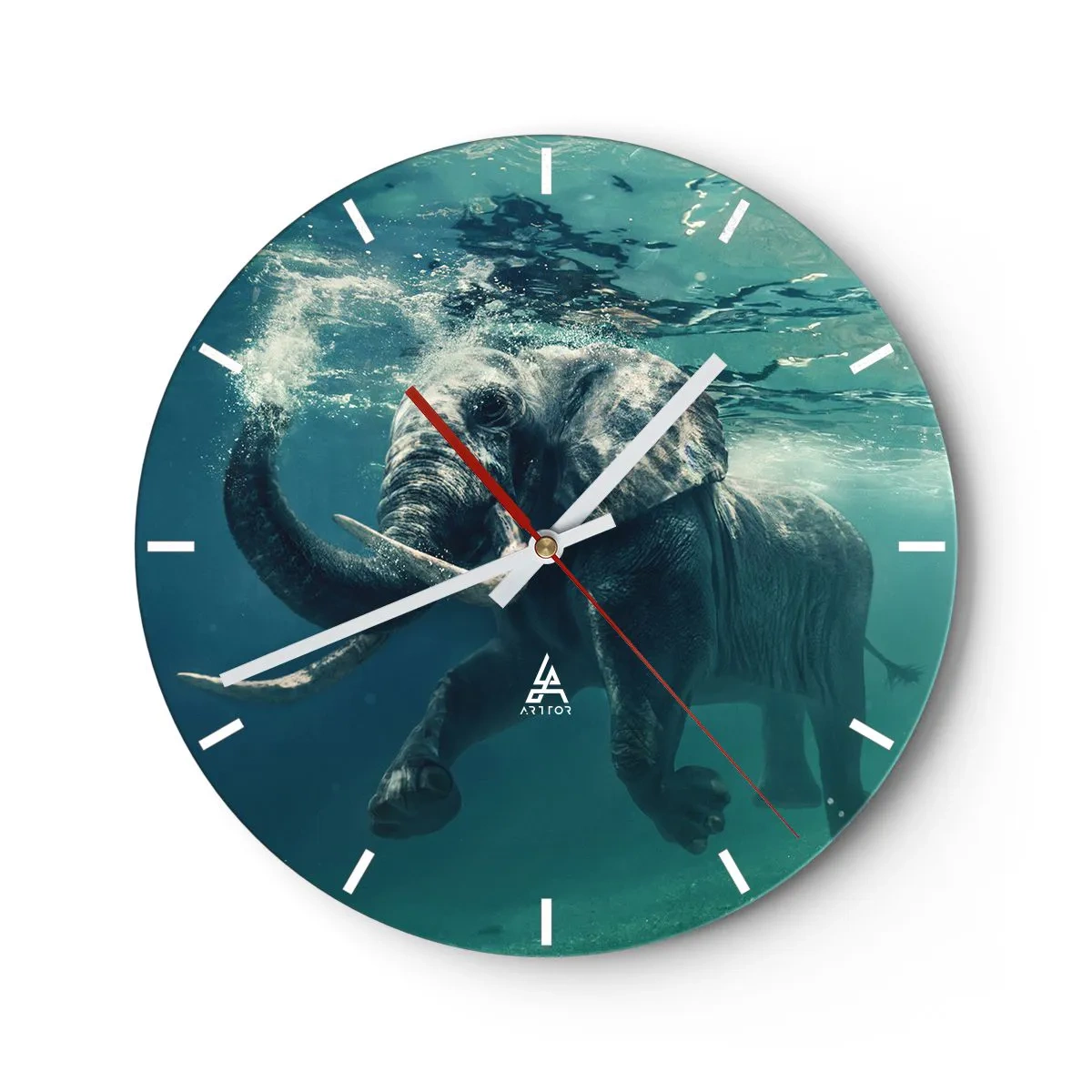 Ceas de perete - Ceas pe sticlă - Un elefant înotând sub apă în mediul său natural - 30x30cm - Tuturor le place să înoate - Decorațiune modernă pentru perete pentru living, bucătărie și dormitor ARTTOR