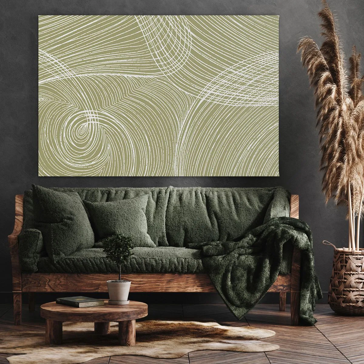Tablou pe pânză Canvas - Linii verzi și albe într-o compoziție abstractă - 70x50cm - Abstracție complicată în alb - Decorațiune modernă pentru perete pentru living și dormitor ARTTOR