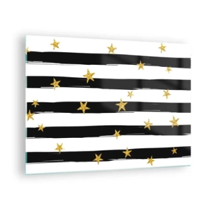 Tablou pe sticlă - Dungi albe și negre cu stele aurii - 70x50cm - Cu toții ne-am născut sub o stea norocoasă - Decorațiune modernă pentru perete pentru living și dormitor ARTTOR