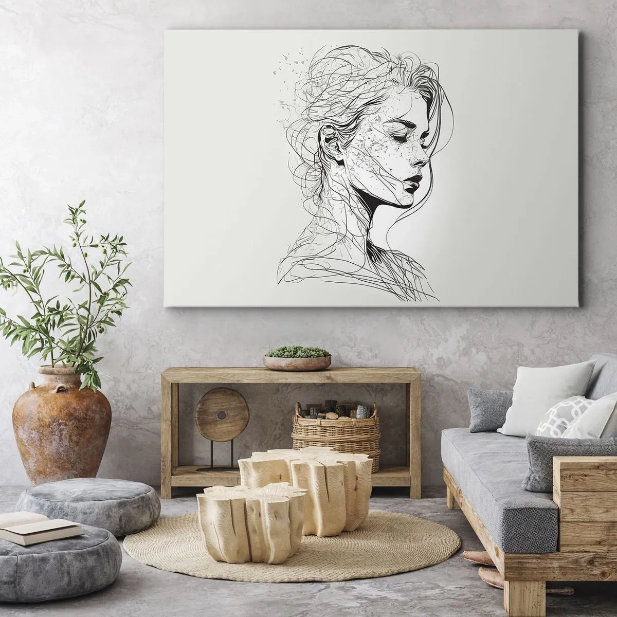 Tablou pe pânză Canvas - Un portret delicat al unei femei într-un stil grafic minimalist. - 70x50cm - Desenată cu linii - Decorațiune modernă pentru perete pentru living și dormitor ARTTOR