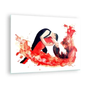 Tablou pe sticlă - Un cuplu dansând într-o compoziție dinamică în acuarelă roșie - 70x50cm - Tango - un val senzual - Decorațiune modernă pentru perete pentru living și dormitor ARTTOR