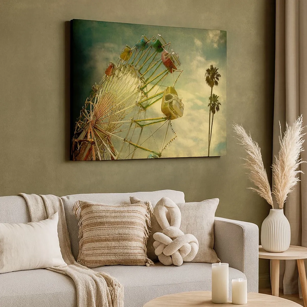 Tablou pe pânză Canvas - Fotografie retro a unei roți Ferris cu palmieri pe fundalul cerului - 70x50cm - Hai la distracție… - Decorațiune modernă pentru perete pentru living și dormitor ARTTOR