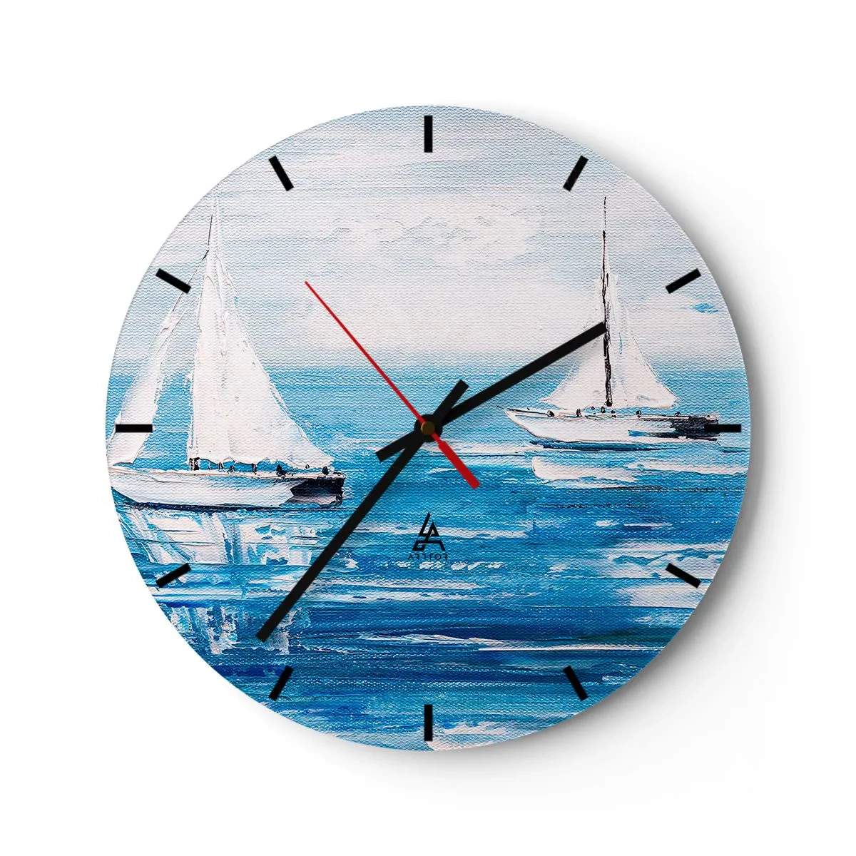 Ceas de perete - Ceas pe sticlă - Bărci cu pânze albe pe o mare albastră, într-un stil pictural - 30x30cm - Cu un prieten alături de tine - Decorațiune modernă pentru perete pentru living, bucătărie și dormitor ARTTOR