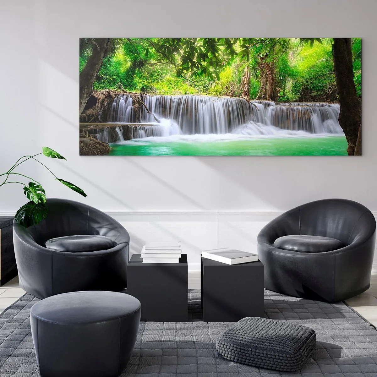 Tablou pe sticlă - Cascada verde - 90x30 cm