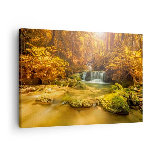 Tablou pe pânză Canvas - O cascadă aurie într-o pădure de toamnă înconjurată de verdeață - 70x50cm - Cascadă de pădure în aur - Decorațiune modernă pentru perete pentru living și dormitor ARTTOR