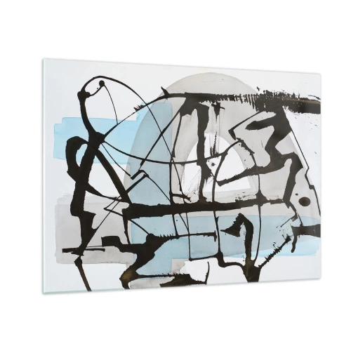 Tablou pe sticlă - Compoziție abstractă cu o schiță neagră și pete albastre - 70x50cm - Cu toate acestea, albastru - Decorațiune modernă pentru perete pentru living și dormitor ARTTOR