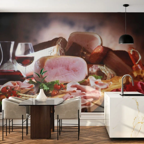 Tapet Autoadeziv Deluxe Sticker - Un vis culinar cu o carafă - Gastronomie, Carne, rosii - 200x140 cm