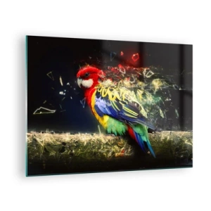Tablou pe sticlă - Un papagal colorat într-o compoziție artistică cu efect de spulberare - 70x50cm - Mesagerul strălucirii - Decorațiune modernă pentru perete pentru living și dormitor ARTTOR