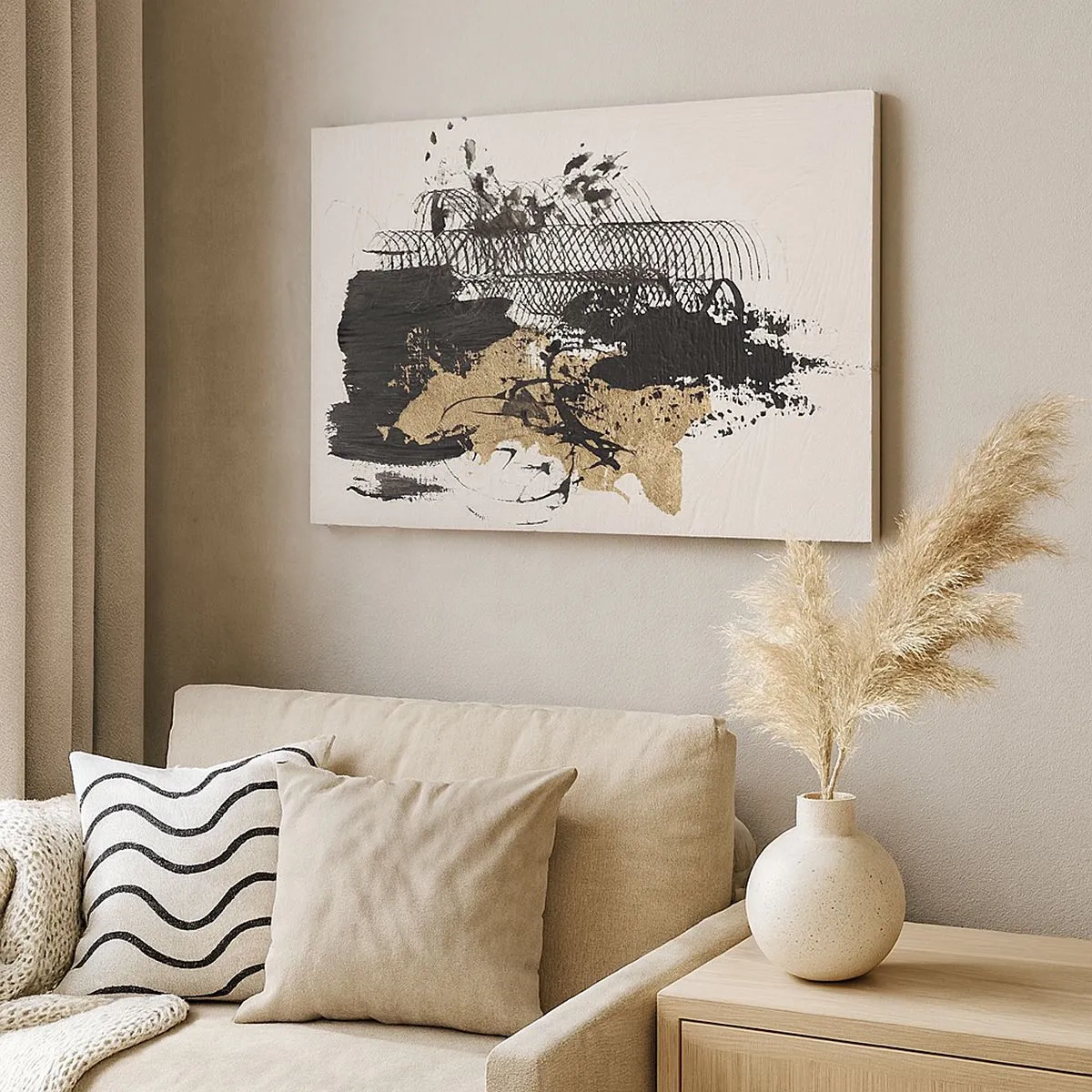 Tablou pe pânză Canvas - pictură abstractă în negru și auriu, cu linii și structuri dinamice. - 70x50cm - Compoziție cu pasiune - Decorațiune modernă pentru perete pentru living și dormitor ARTTOR