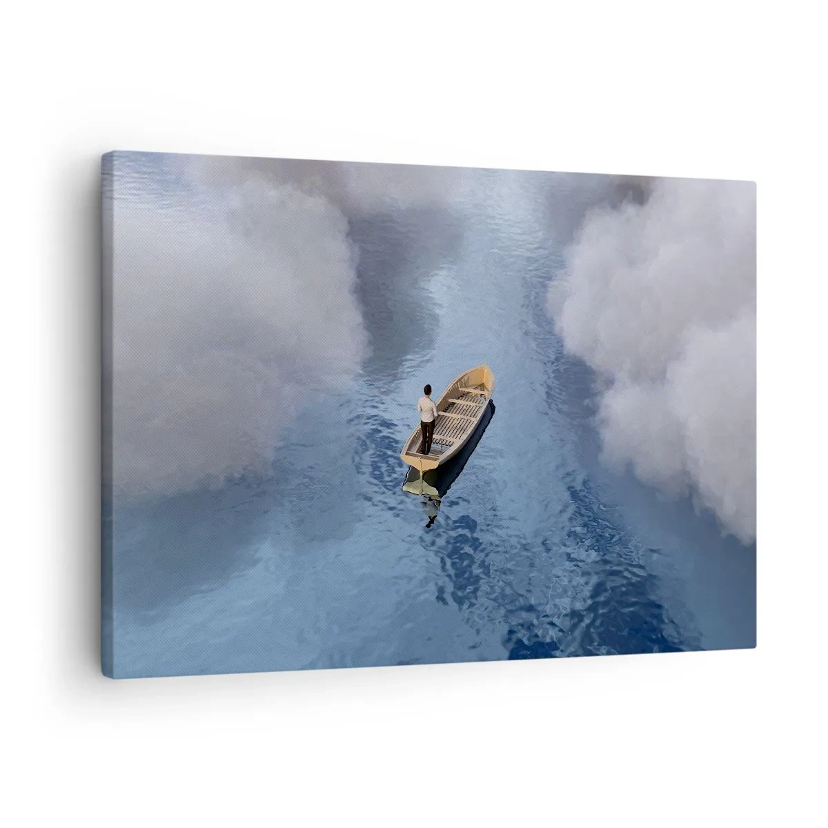 Tablou pe pânză Canvas - Un bărbat într-o barcă pe o mare calmă, înconjurat de nori - 70x50cm - Viață - călătorie - necunoscut - Decorațiune modernă pentru perete pentru living și dormitor ARTTOR