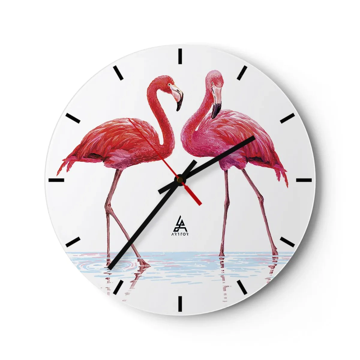 Ceas de perete - Ceas pe sticlă - Doi flamingo roz stând în apă - 30x30cm - Pink randez-vous - Decorațiune modernă pentru perete pentru living, bucătărie și dormitor ARTTOR