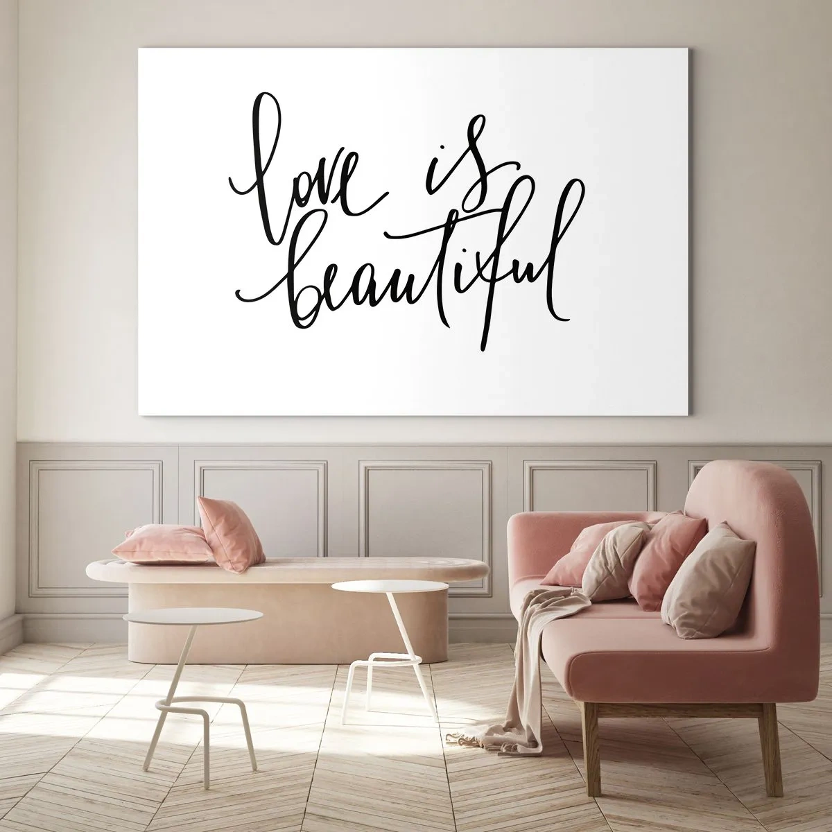 Tablou pe sticlă - Citatul „dragostea e frumoasă” într-un stil elegant, scris de mână, pe fundal alb - 70x50cm - Citiți și repetați - Decorațiune modernă pentru perete pentru living și dormitor ARTTOR