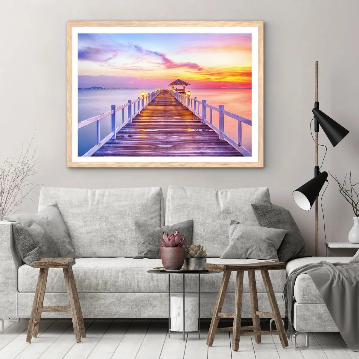 Poster în ramă de stejar deschis - Tăcerea serii în liliac-auriu - 91x61 cm