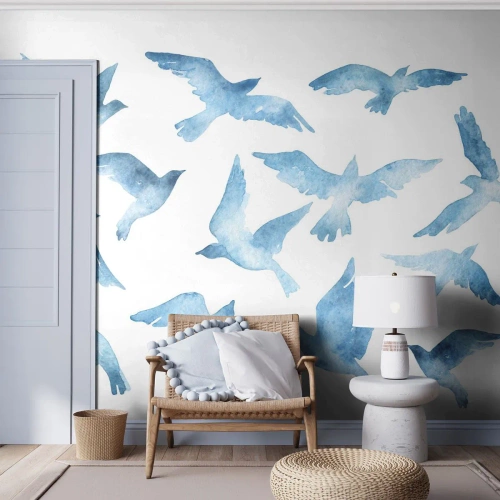 Tapet Premium Sand - Păsări albastre - Abstracția, Pasăre, Grafică - 350x256 cm