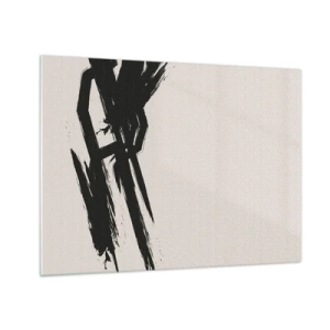 Tablou pe sticlă - O tușă dinamică de pensulă neagră pe un fundal deschis - 70x50cm - Un impuls de neoprit - Decorațiune modernă pentru perete pentru living și dormitor ARTTOR
