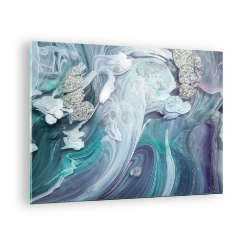Tablou pe sticlă - O compoziție abstractă în nuanțe de albastru, violet și alb. - 70x50cm - Râuri de albastru - Decorațiune modernă pentru perete pentru living și dormitor ARTTOR
