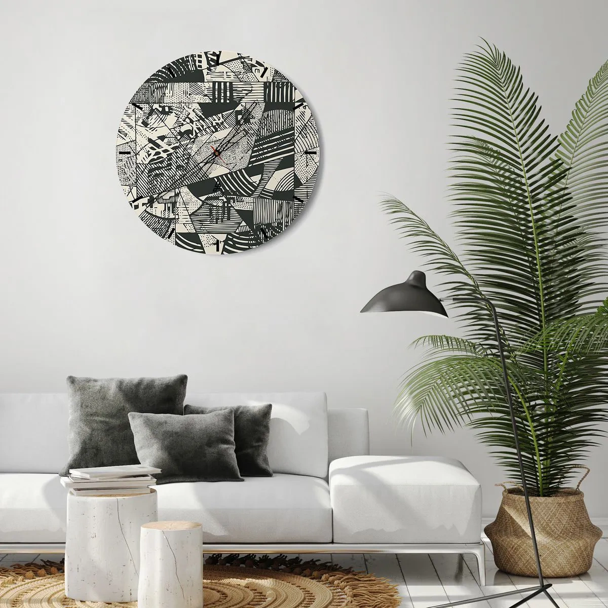 Ceas de perete - Ceas pe sticlă - Model abstract geometric într-un stil grafic - 30x30cm - Dinamica de astăzi - Decorațiune modernă pentru perete pentru living, bucătărie și dormitor ARTTOR