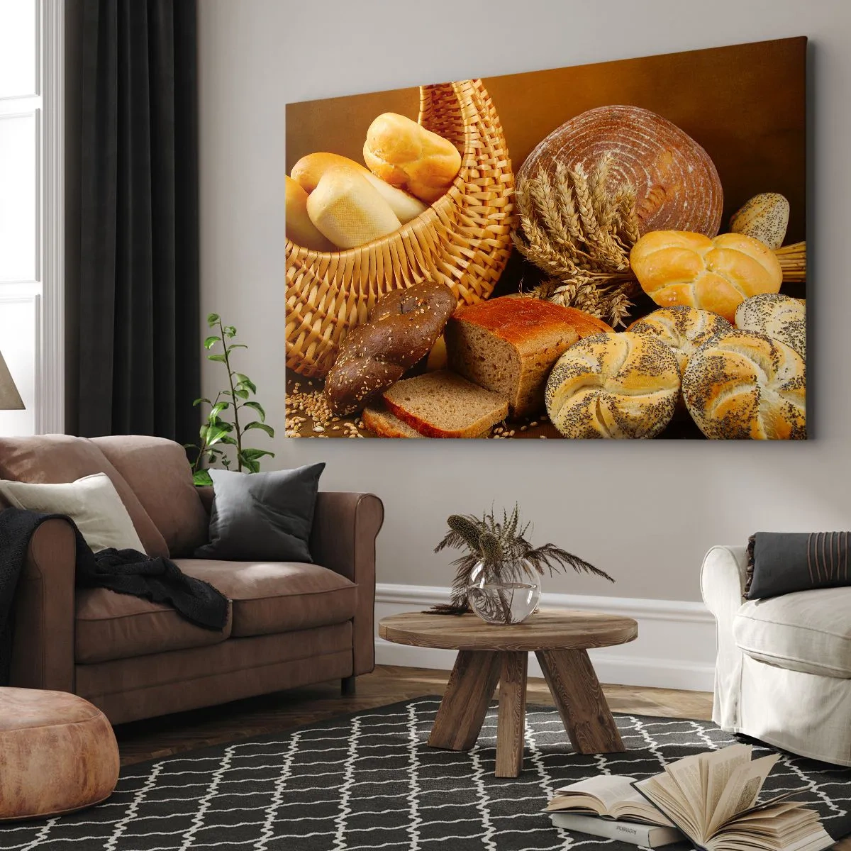 Tablou pe pânză Canvas - Diverse pâini într-un coș de răchită pe un fundal auriu - 70x50cm - Am scăpat din nou - Decorațiune modernă pentru perete pentru living și dormitor ARTTOR