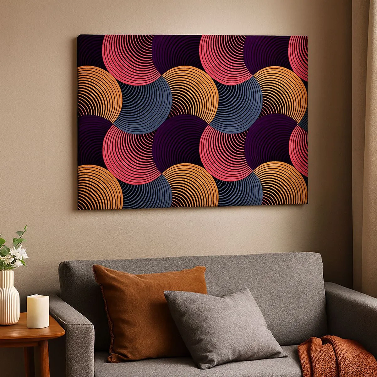 Tablou pe pânză Canvas - Cercuri geometrice în nuanțe de roz, violet și auriu - 70x50cm - Într-un ritm de cerc - Decorațiune modernă pentru perete pentru living și dormitor ARTTOR