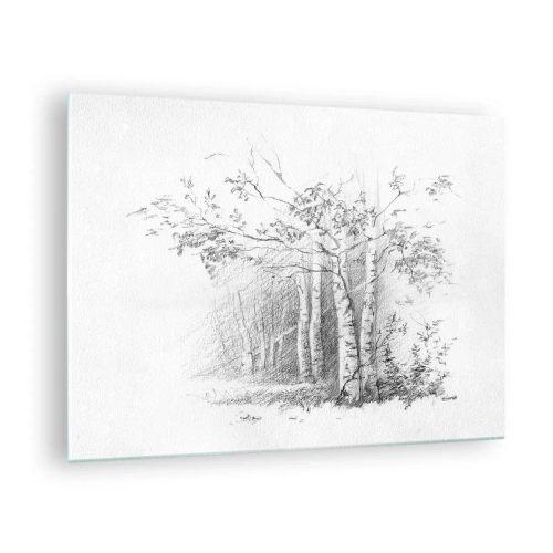 Tablou pe sticlă - Schiță a unei păduri de mesteacăn în tonuri monocromatice - 70x50cm - Lumina pădurii de mesteceni - Decorațiune modernă pentru perete pentru living și dormitor ARTTOR