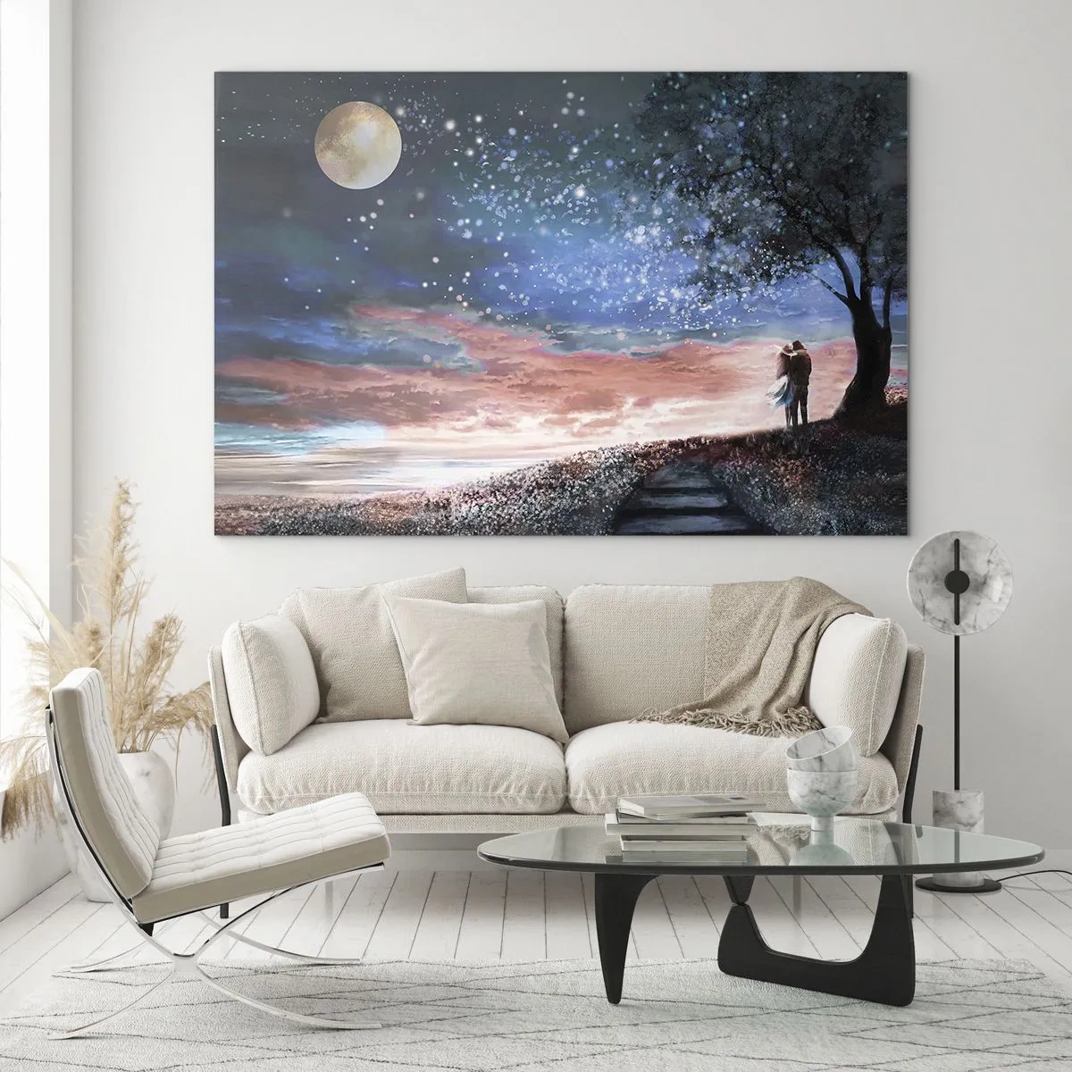 Tablou pe sticlă - Un cuplu îndrăgostit sub un copac cu luna și stelele - 70x50cm - O performanță stelară - Decorațiune modernă pentru perete pentru living și dormitor ARTTOR