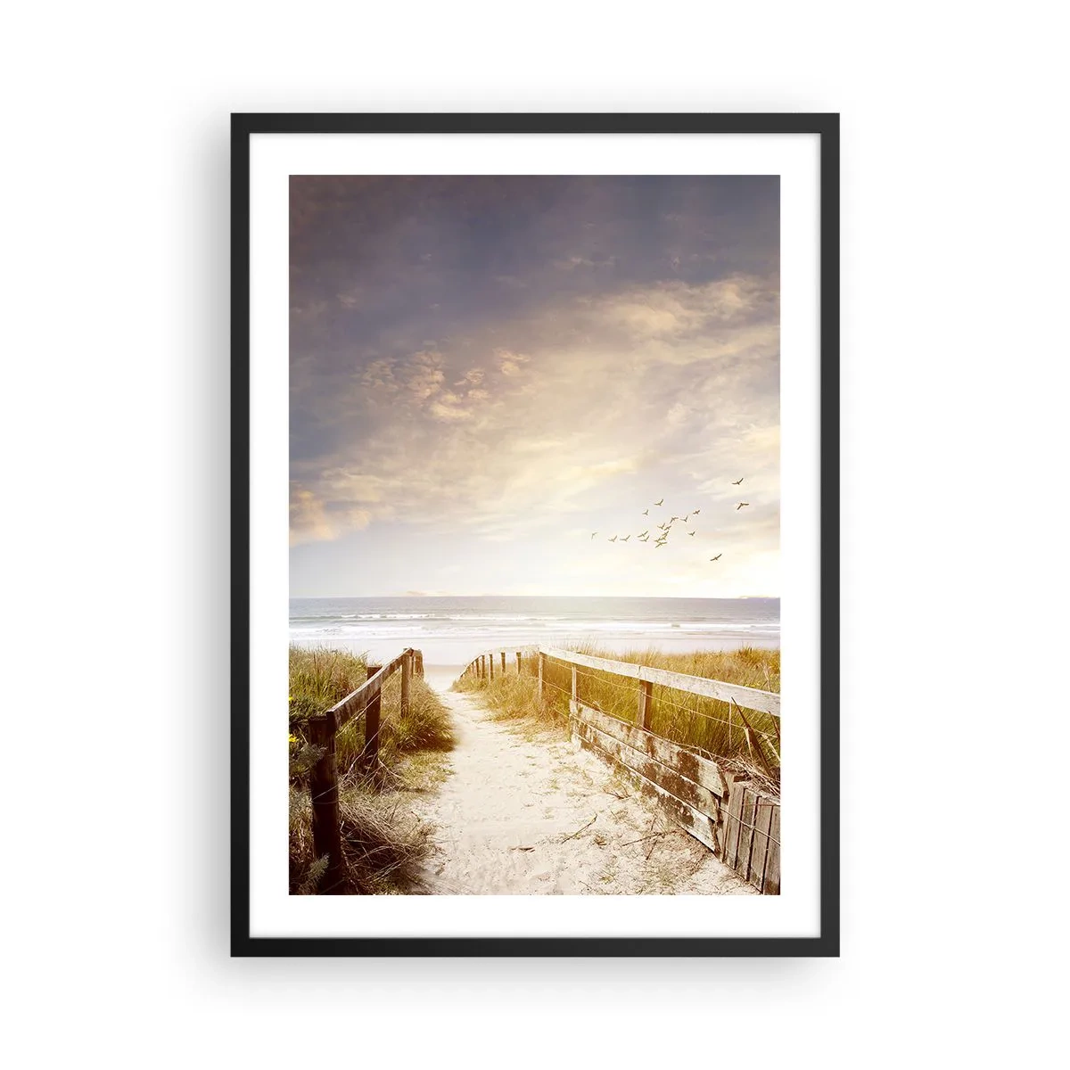 Poster în ramă neagră - Calea spre plajă la apus, cu păsări în zbor - 50x70cm - Spațiu pentru liniște - Decorațiune modernă pentru perete pentru living și dormitor ARTTOR