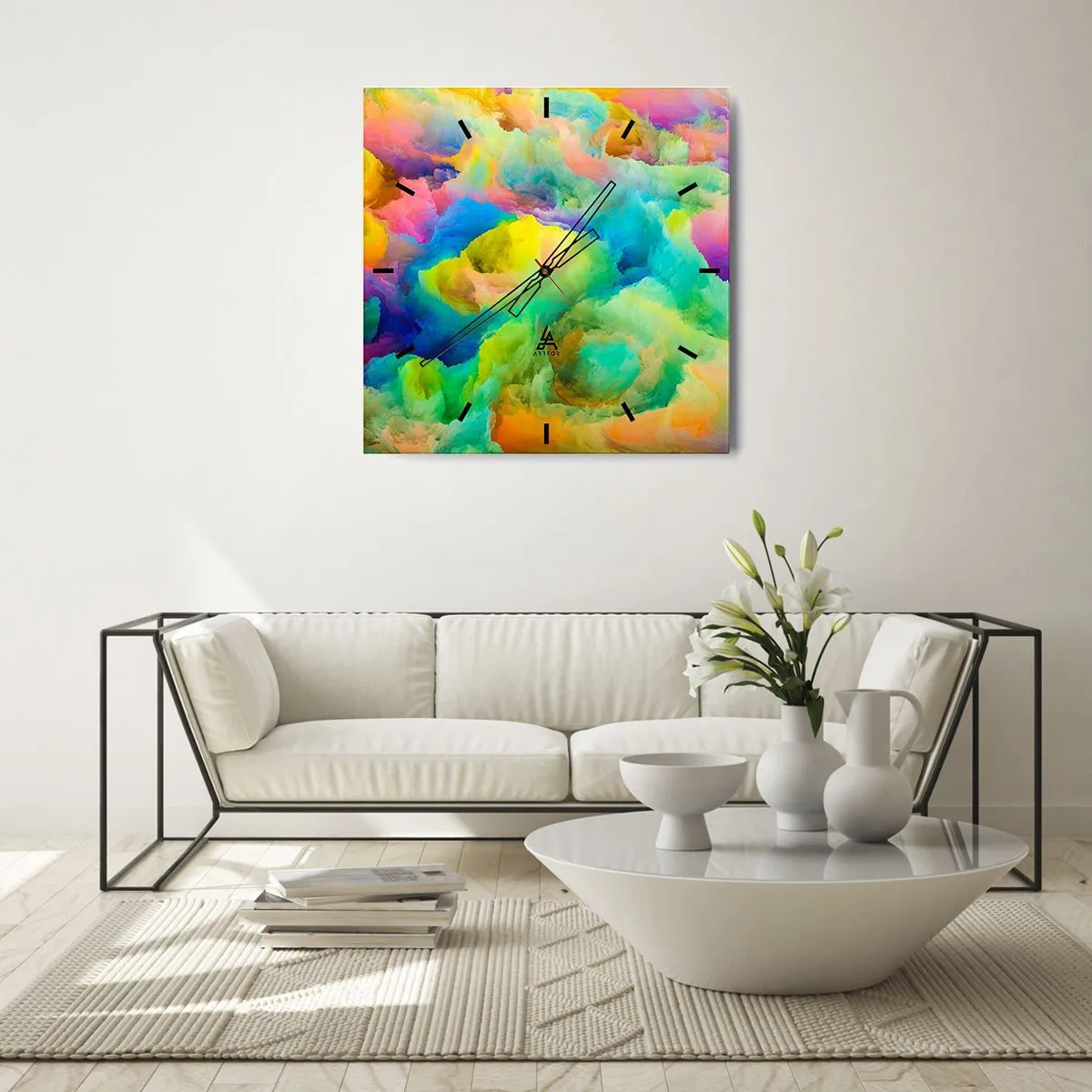 Ceas de perete - Ceas pe sticlă - Puf multicolor - 30x30 cm