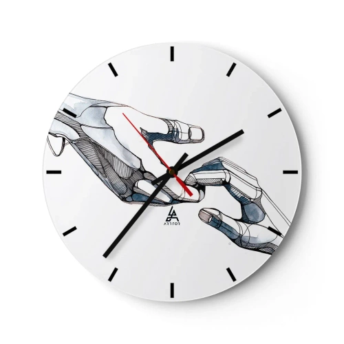 Ceas de perete - Ceas pe sticlă - O fuziune simbolică între mâini umane și robotice - 30x30cm - Gest frumos - Decorațiune modernă pentru perete pentru living, bucătărie și dormitor ARTTOR