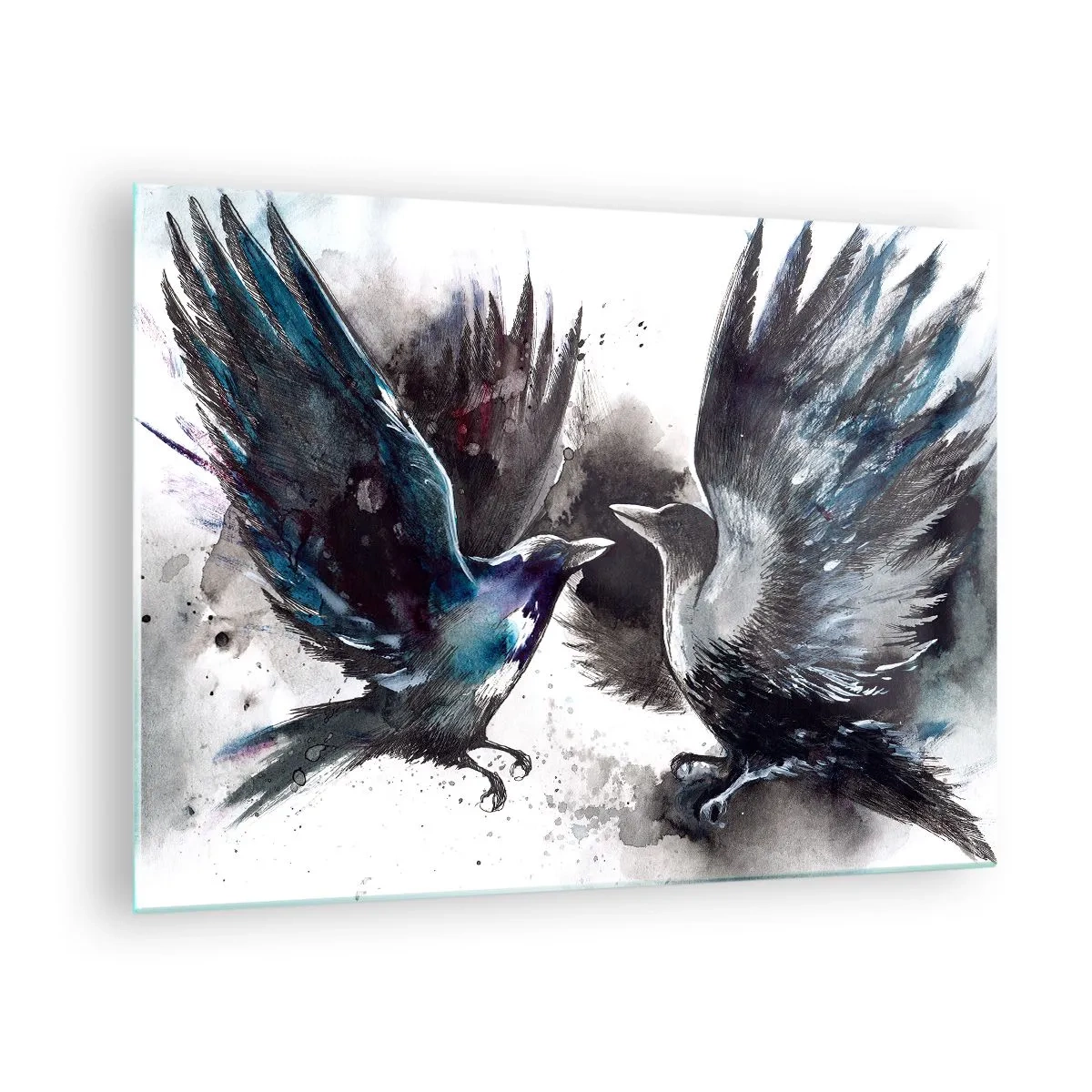 Tablou pe sticlă - Doi corbi într-o poză dinamică cu aripile întinse - 70x50cm - Bătălia corbilor - Decorațiune modernă pentru perete pentru living și dormitor ARTTOR