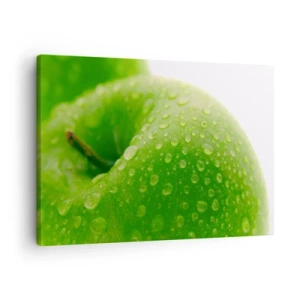 Tablou pe pânză Canvas - Prim-plan al unui măr verde cu picături de apă - 70x50cm - Prospețime verde rece - Decorațiune modernă pentru perete pentru living și dormitor ARTTOR