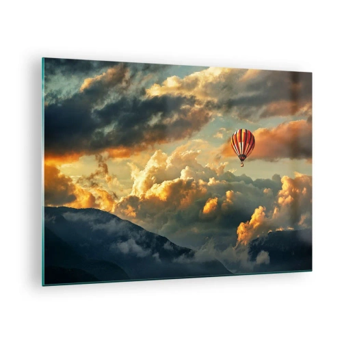 Tablou pe sticlă - Un balon plutind deasupra munților printre nori la apus - 70x50cm - Zbor pentru că vreau - Decorațiune modernă pentru perete pentru living și dormitor ARTTOR