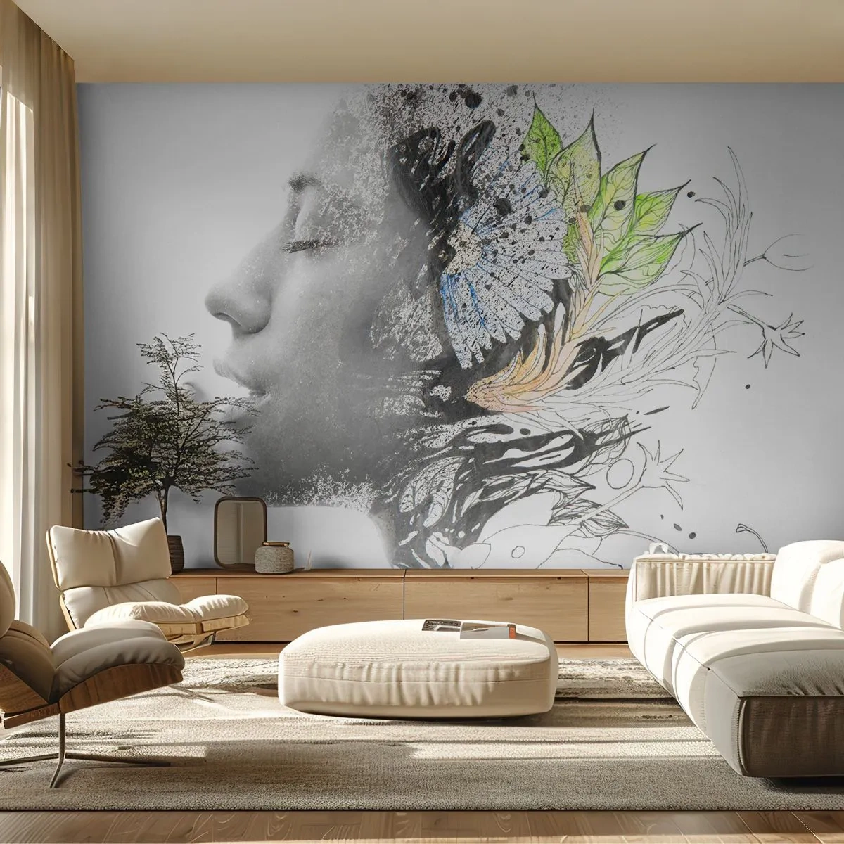 Tapet Standard Eco - Scufundată în natură - Abstracția, Chipul de femeie, Flori - 400x280 cm