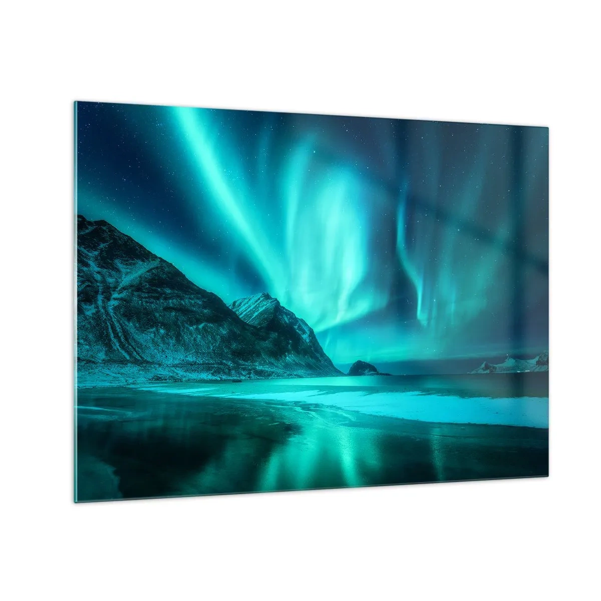 Tablou pe sticlă - Aurora boreală peste un peisaj montan și o mare înghețată - 70x50cm - Minunile din nord - Decorațiune modernă pentru perete pentru living și dormitor ARTTOR