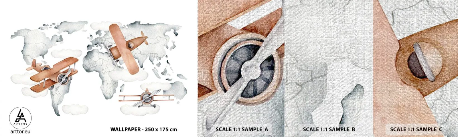 Mostră tapet Premium Canvas - În spirit de pionierat - Harta lumii, Avioane, Pentru copii - 100x30 cm