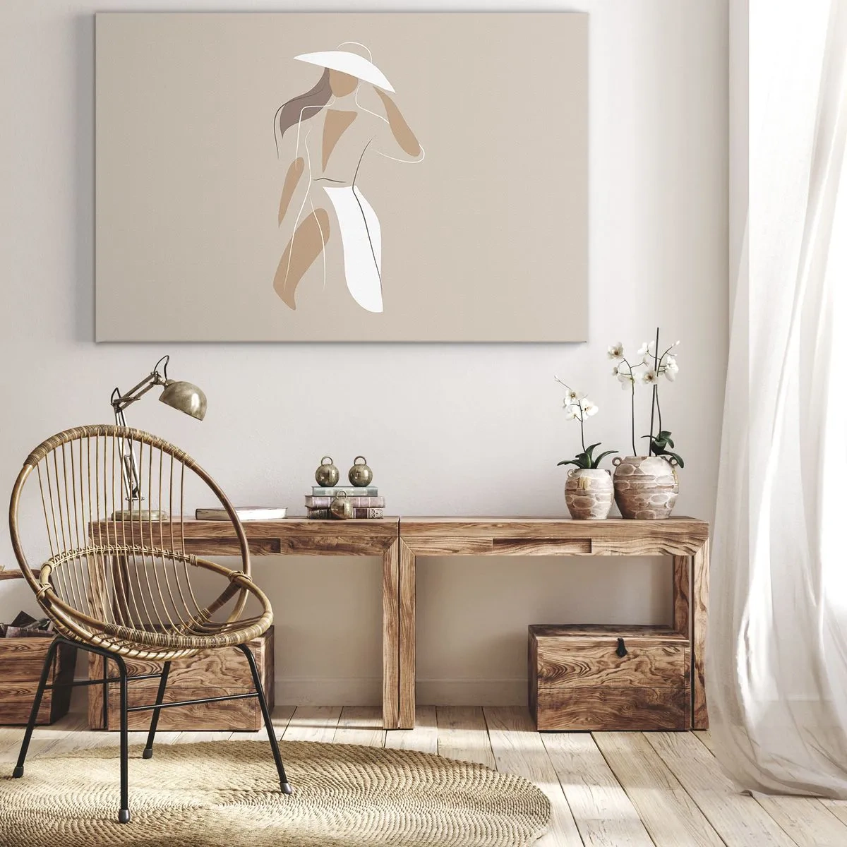 Tablou pe pânză Canvas - Un desen minimalist al unei femei cu pălărie pe un fundal bej. - 70x50cm - Moda este distractivă - Decorațiune modernă pentru perete pentru living și dormitor ARTTOR